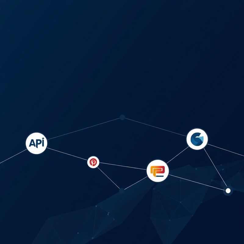Modularni API vozli, ki povezujejo logotipe posrednikov, na temnem indigo ozadju